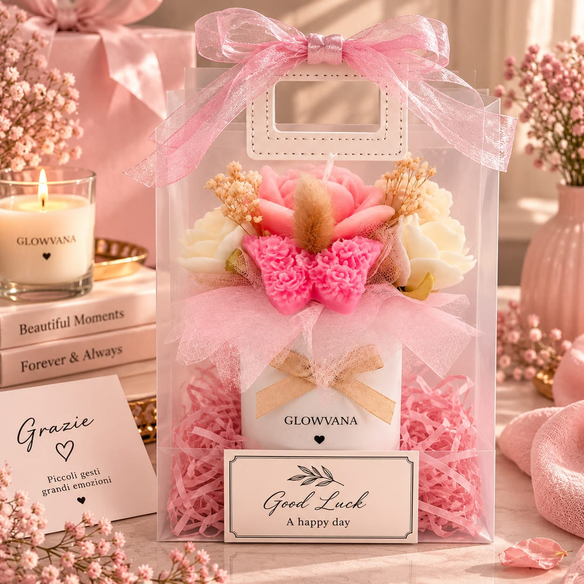 Mini Bouquet di Fiore in Cera Rosa/ GLOWVANA